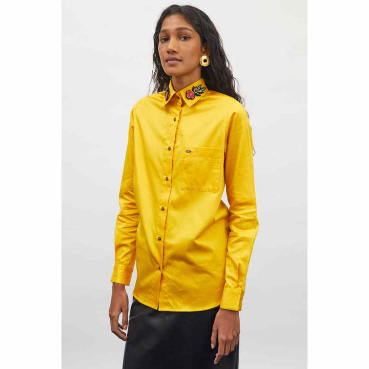 Pallavi Swadi PLV Garden Canary Yellow Floral Collar Shirt