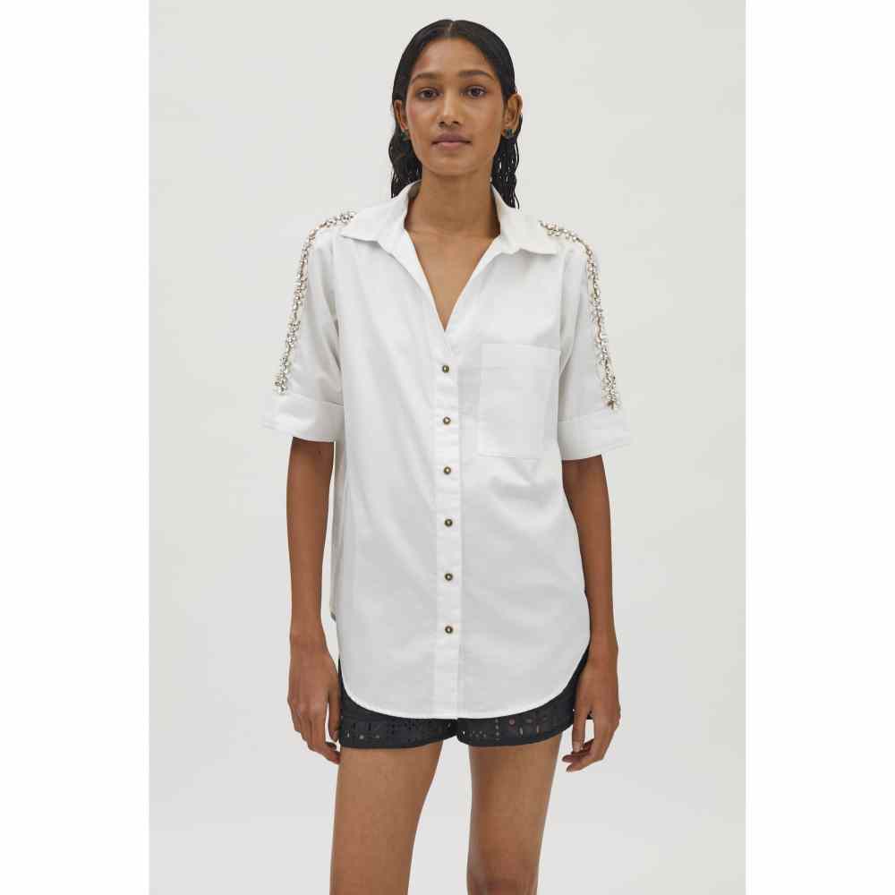 Pallavi Swadi White Monochrome Flower Swarovski Ribbon Shirt