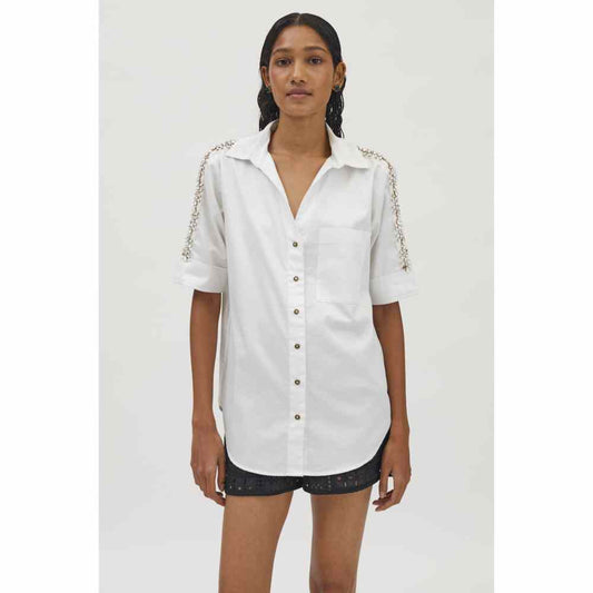 Pallavi Swadi White Monochrome Flower Swarovski Ribbon Shirt