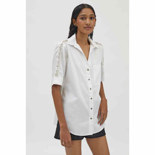 Pallavi Swadi White Monochrome Flower Swarovski Ribbon Shirt