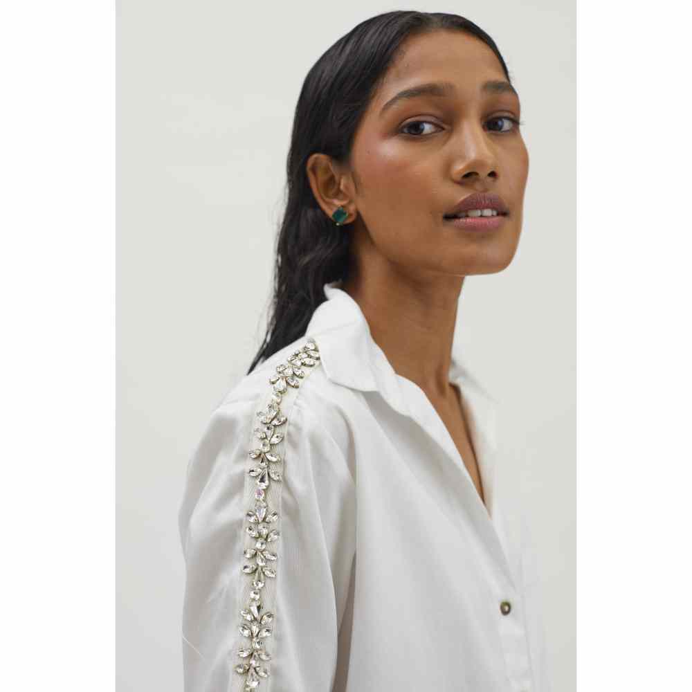 Pallavi Swadi White Monochrome Flower Swarovski Ribbon Shirt