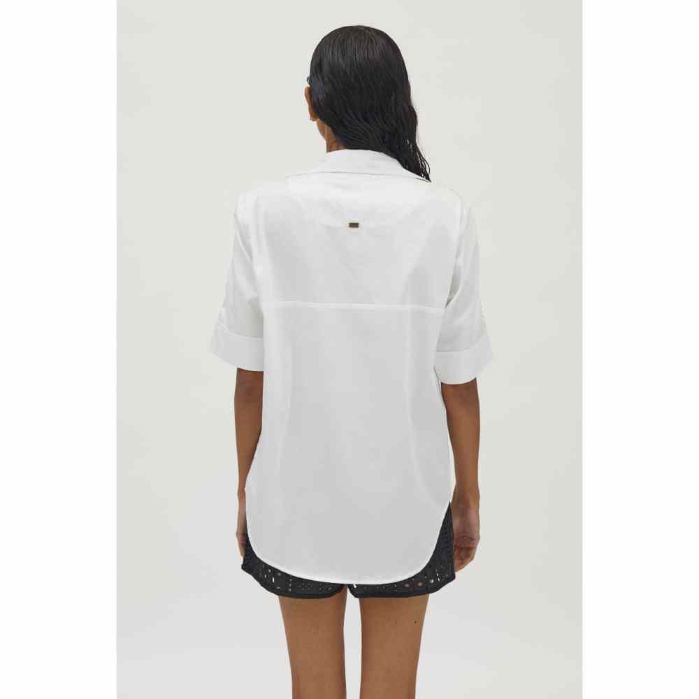 Pallavi Swadi White Monochrome Flower Swarovski Ribbon Shirt