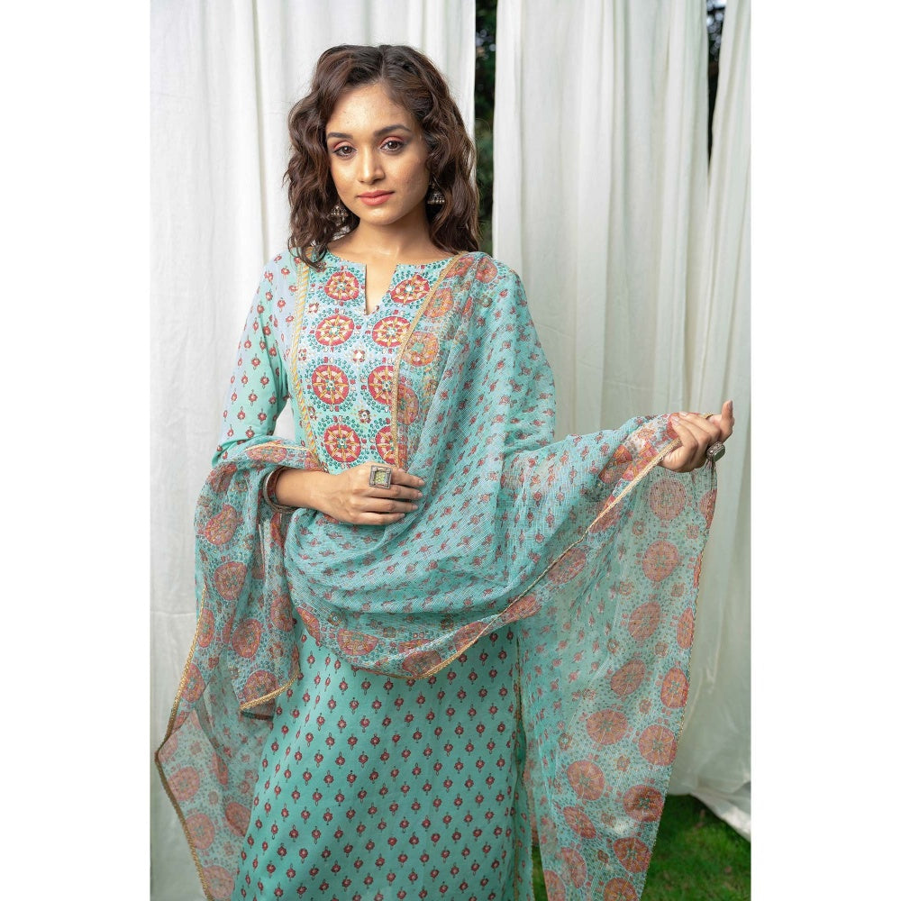 PANTS AND PAJAMAS Aqua Block Printed Kota Dupatta