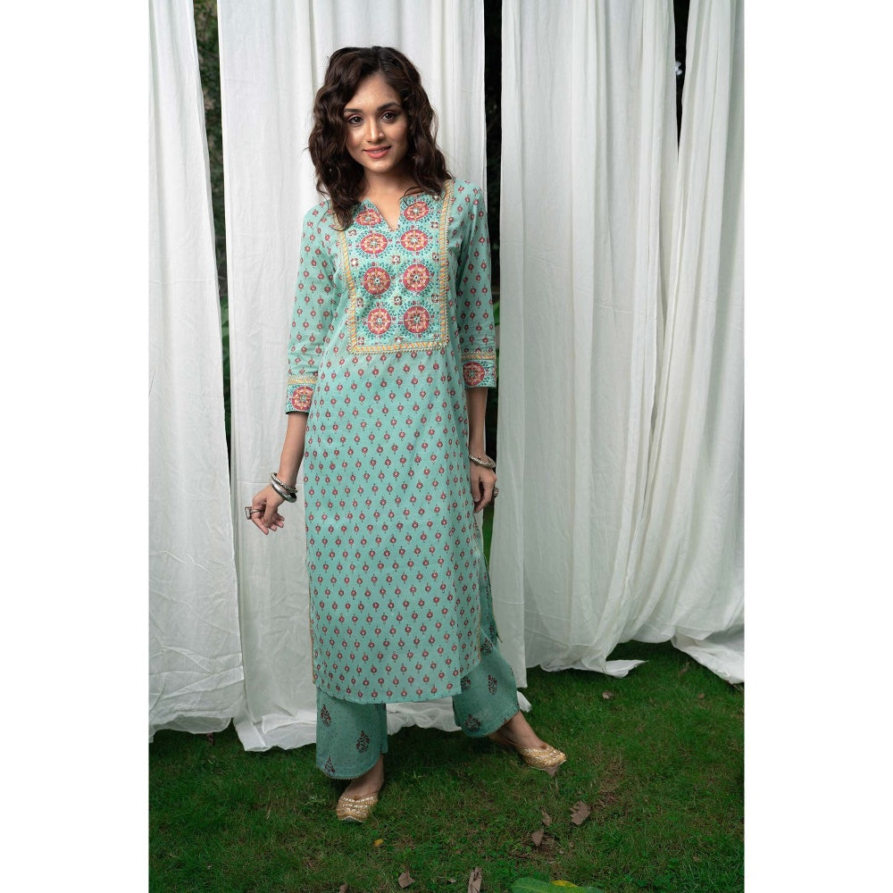 PANTS AND PAJAMAS Aqua Block Printed Kota Dupatta