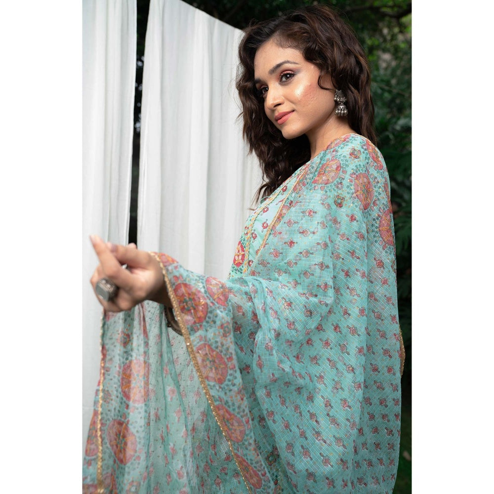 PANTS AND PAJAMAS Aqua Block Printed Kota Dupatta
