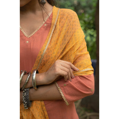 PANTS AND PAJAMAS Mustard Block Printed Kota Dupatta