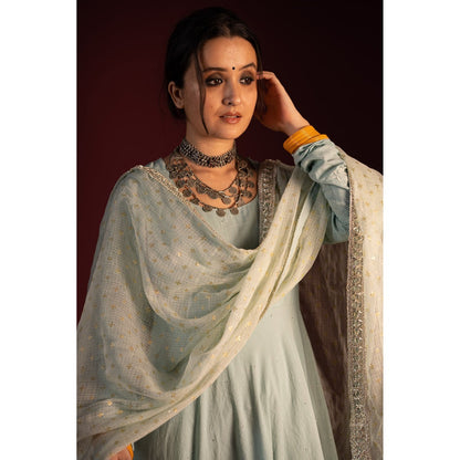 PANTS AND PAJAMAS Blue Arun Foil Print Dupatta