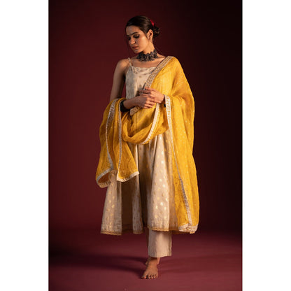PANTS AND PAJAMAS Mustard Budh Foil Print Dupatta