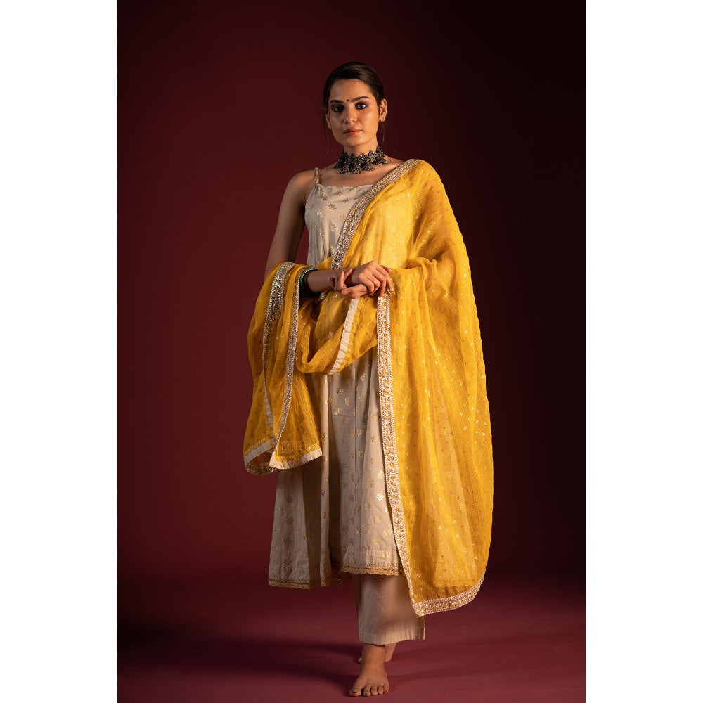 PANTS AND PAJAMAS Mustard Budh Foil Print Dupatta