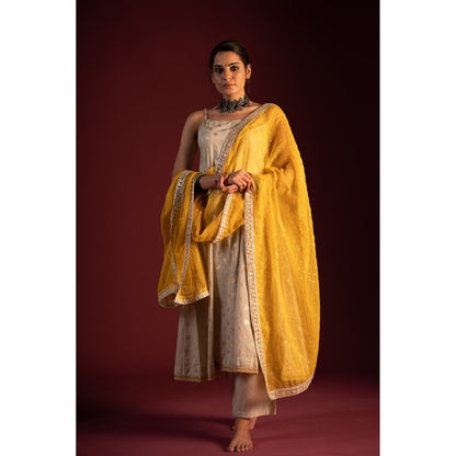 PANTS AND PAJAMAS Mustard Budh Foil Print Dupatta