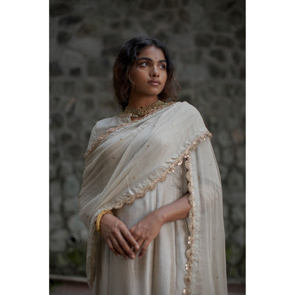 PANTS AND PAJAMAS Sage Green Canna Sequined Dupatta