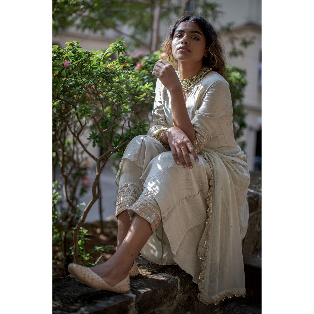 PANTS AND PAJAMAS Sage Green Canna Sequined Dupatta
