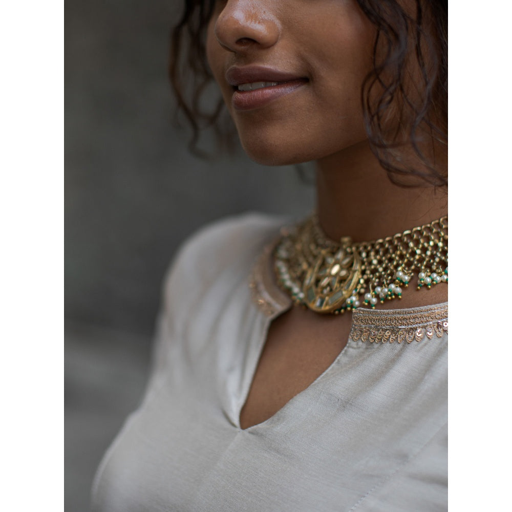 PANTS AND PAJAMAS Sage Green Canna Sequined Dupatta
