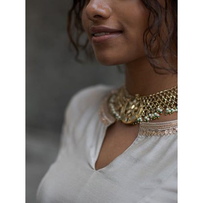 PANTS AND PAJAMAS Sage Green Canna Sequined Dupatta