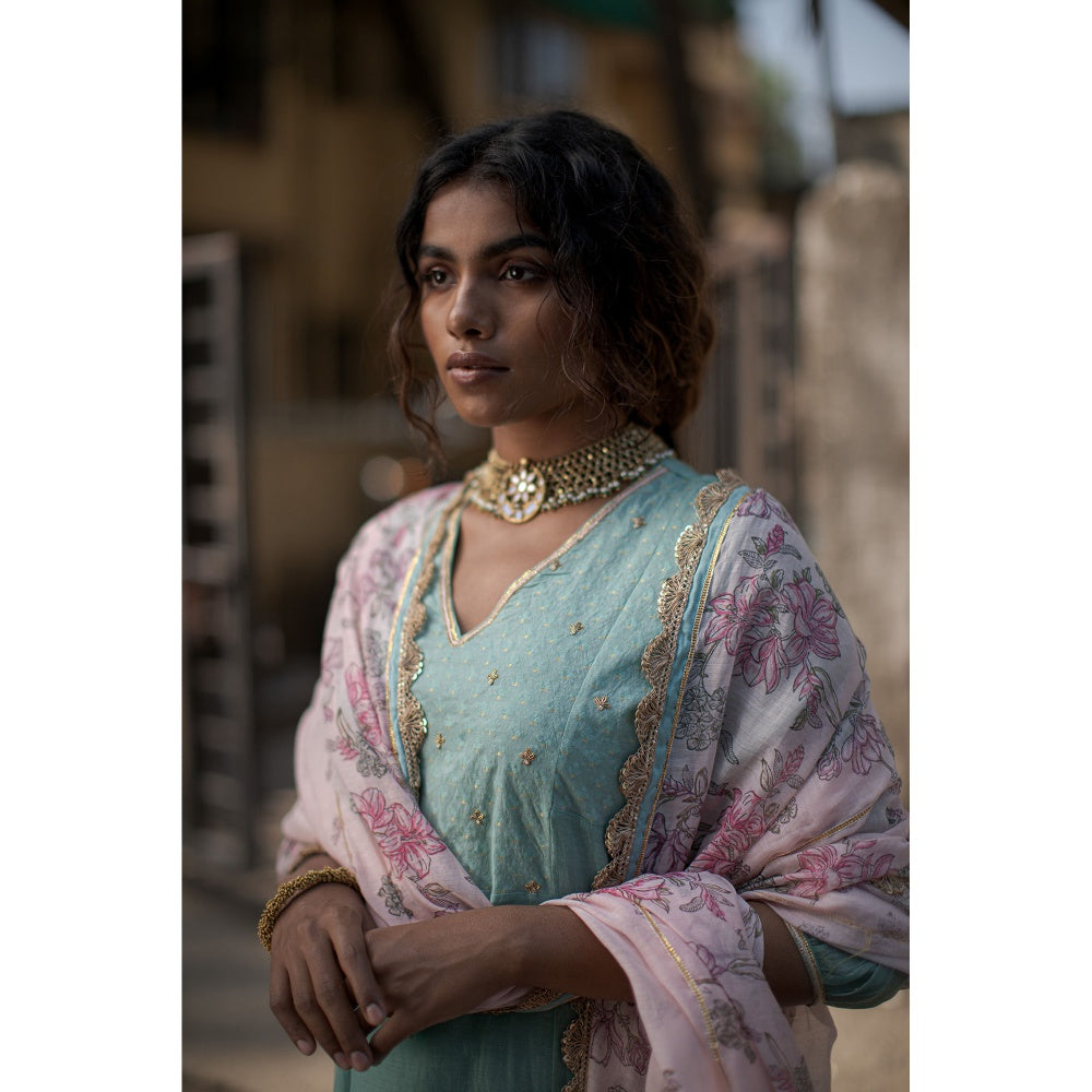 PANTS AND PAJAMAS Pink Jade Block Printed Dupatta