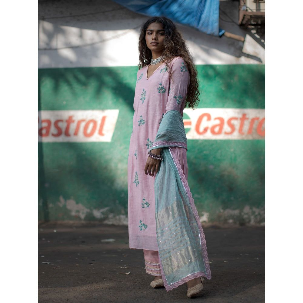 PANTS AND PAJAMAS Aqua Gerbera Sequin Dupatta