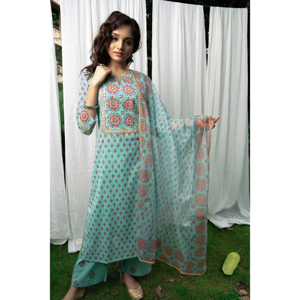 PANTS AND PAJAMAS Aqua Block Printed Straight Bottom