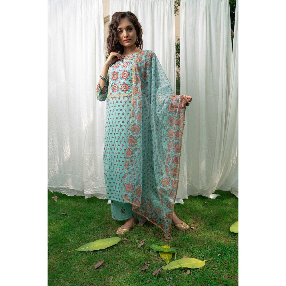 PANTS AND PAJAMAS Aqua Block Printed Straight Bottom
