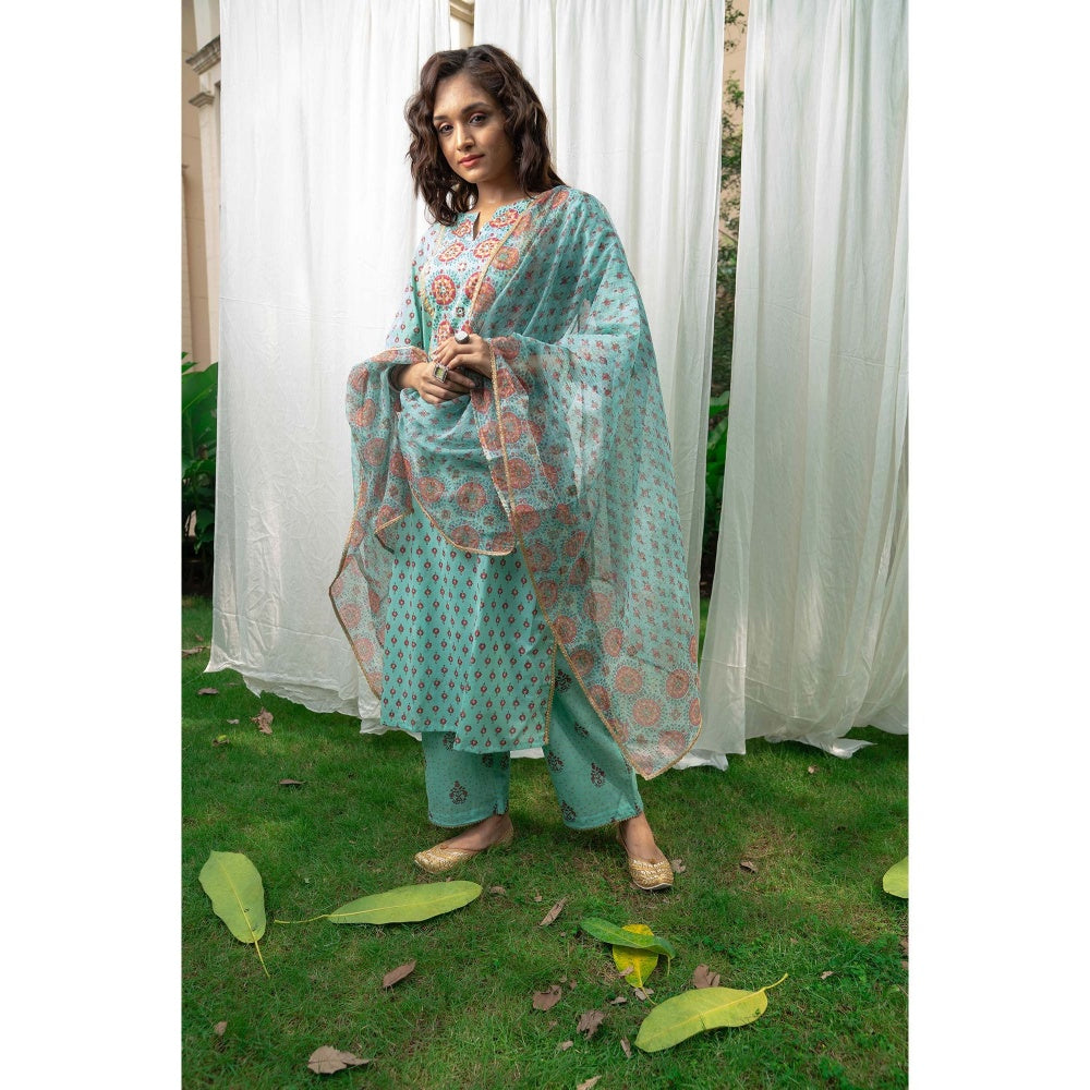 PANTS AND PAJAMAS Aqua Block Printed Straight Bottom