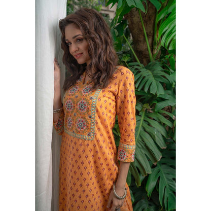 PANTS AND PAJAMAS Mustard Block Printed Straight Bottom