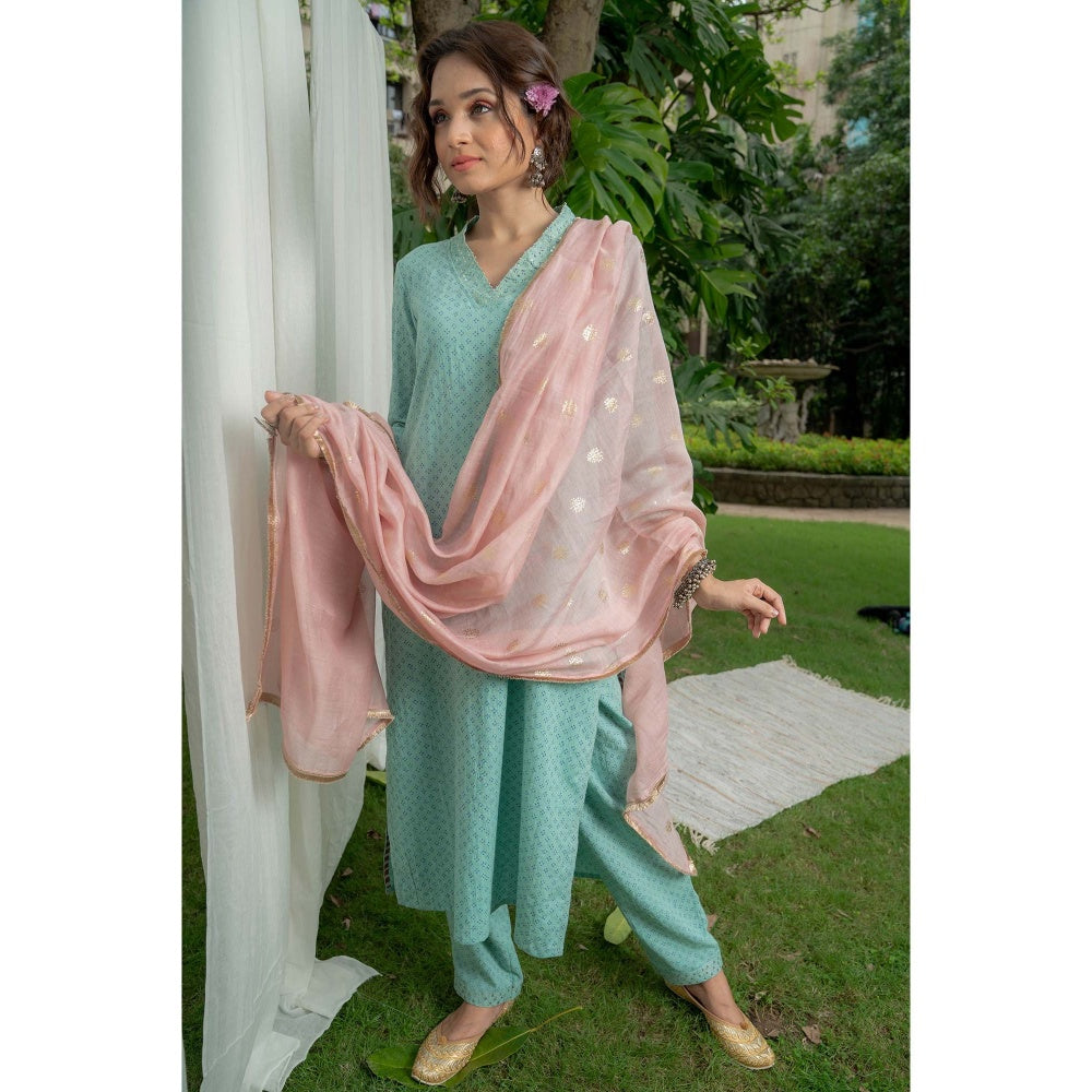 PANTS AND PAJAMAS Aqua Printed Kurta
