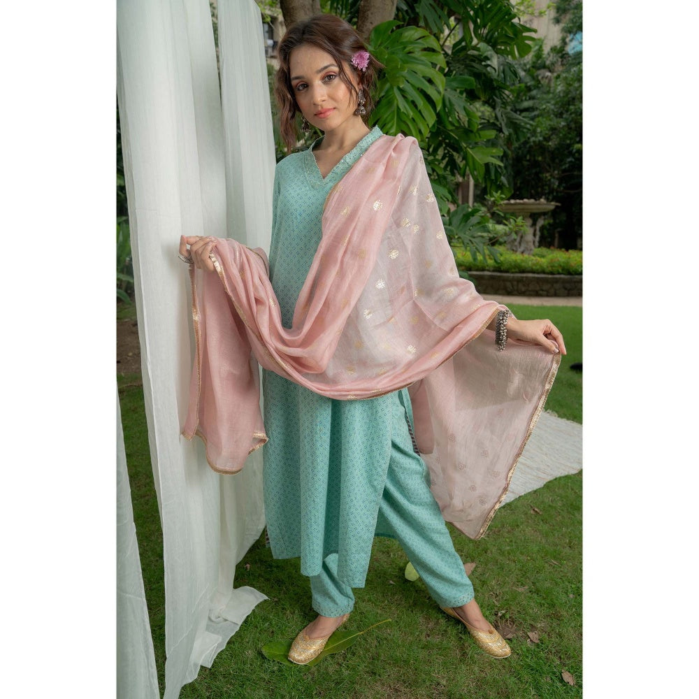 PANTS AND PAJAMAS Aqua Printed Kurta
