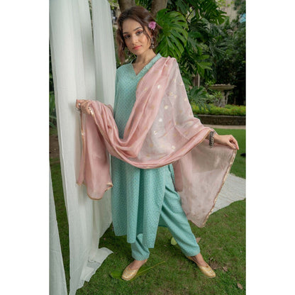 PANTS AND PAJAMAS Aqua Printed Kurta