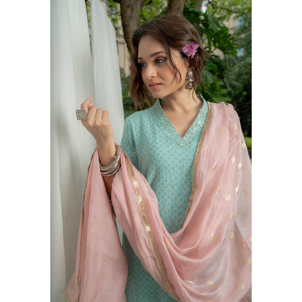 PANTS AND PAJAMAS Aqua Printed Kurta