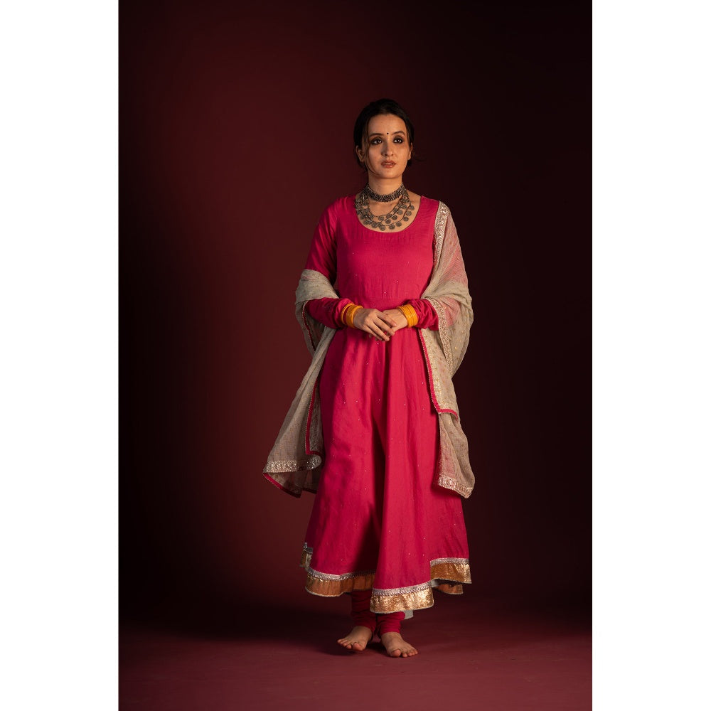 PANTS AND PAJAMAS Pink Mangal Chikan Kurta with Foil Print Dupatta (Set of 3)