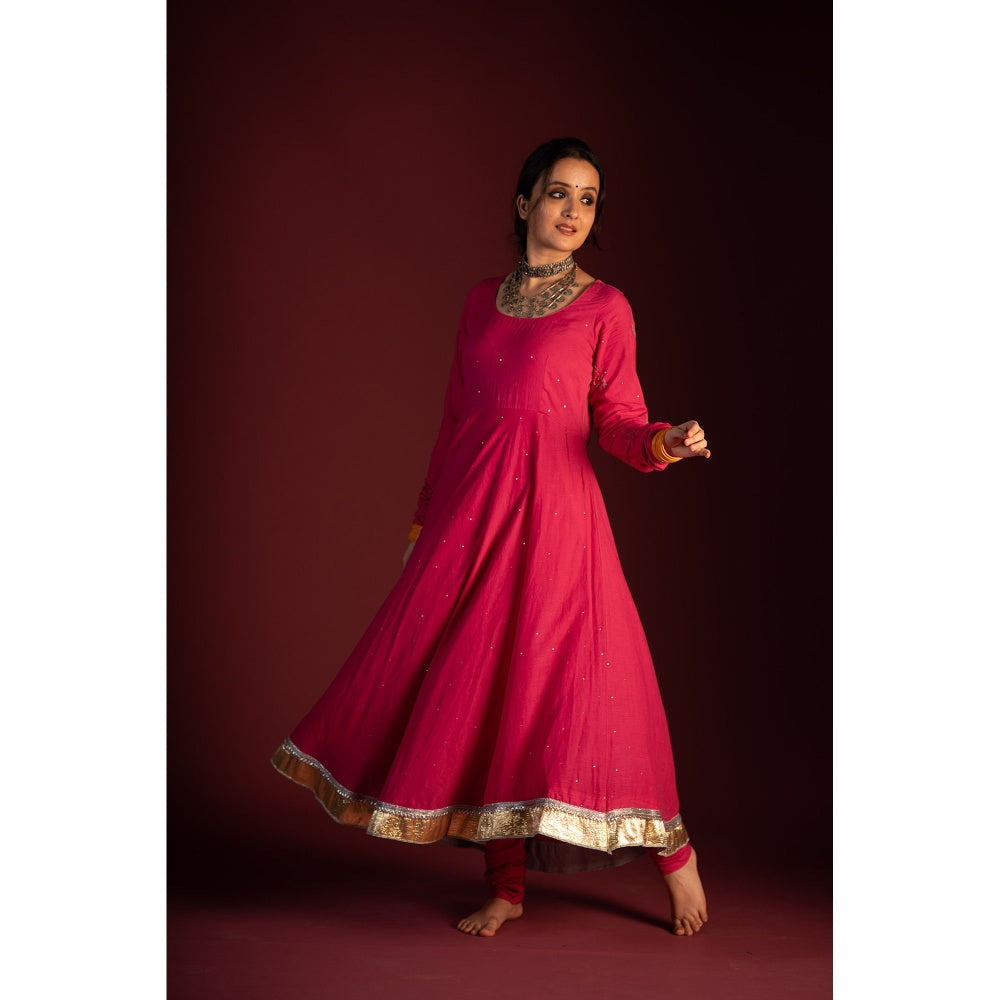 PANTS AND PAJAMAS Pink Mangal Chikan Kurta with Foil Print Dupatta (Set of 3)