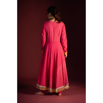 PANTS AND PAJAMAS Pink Mangal Chikan Kurta with Foil Print Dupatta (Set of 3)