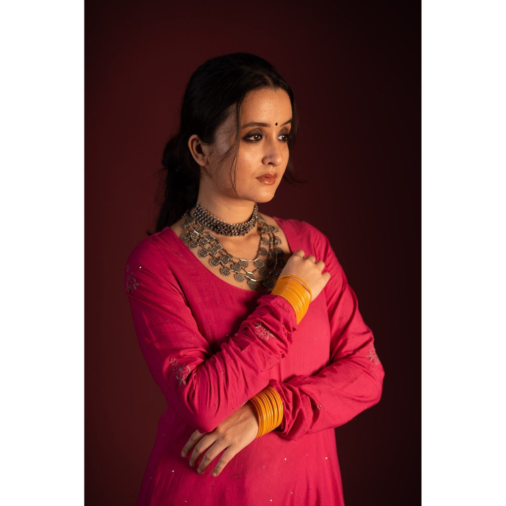 PANTS AND PAJAMAS Pink Mangal Chikan Kurta with Foil Print Dupatta (Set of 3)
