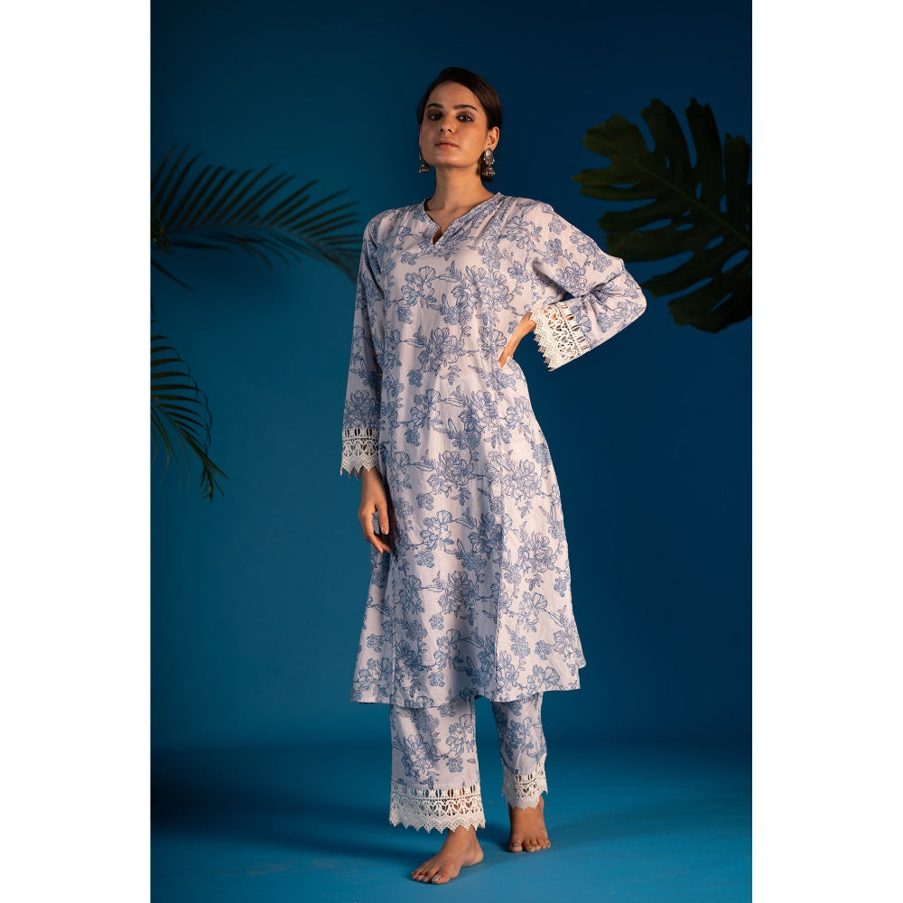 PANTS AND PAJAMAS Blue Mehara Block Printed Cotton Kurta