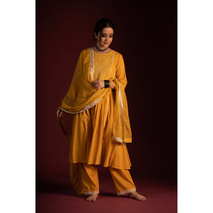 PANTS AND PAJAMAS Mustard Brahspati Chikan Kurta