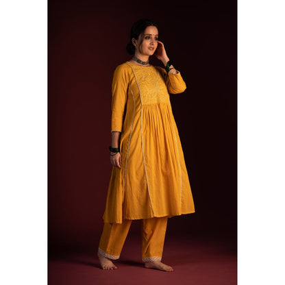 PANTS AND PAJAMAS Mustard Brahspati Chikan Kurta