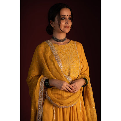 PANTS AND PAJAMAS Mustard Brahspati Chikan Kurta