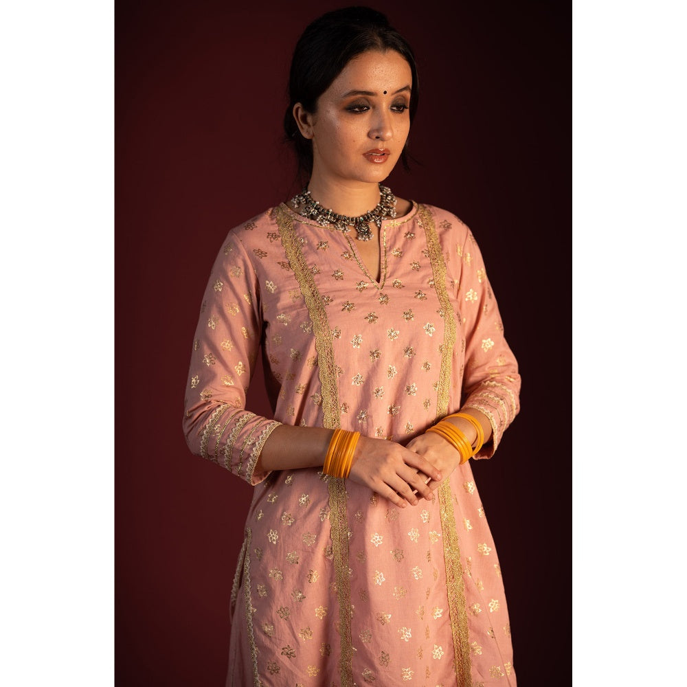 PANTS AND PAJAMAS Pink Varun Zardozi Printed & Embroidered Kurta