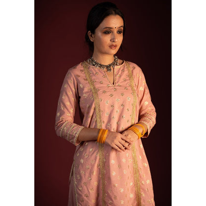 PANTS AND PAJAMAS Pink Varun Zardozi Printed & Embroidered Kurta