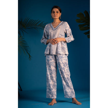 PANTS AND PAJAMAS Blue Nora Block Printed Cotton Top