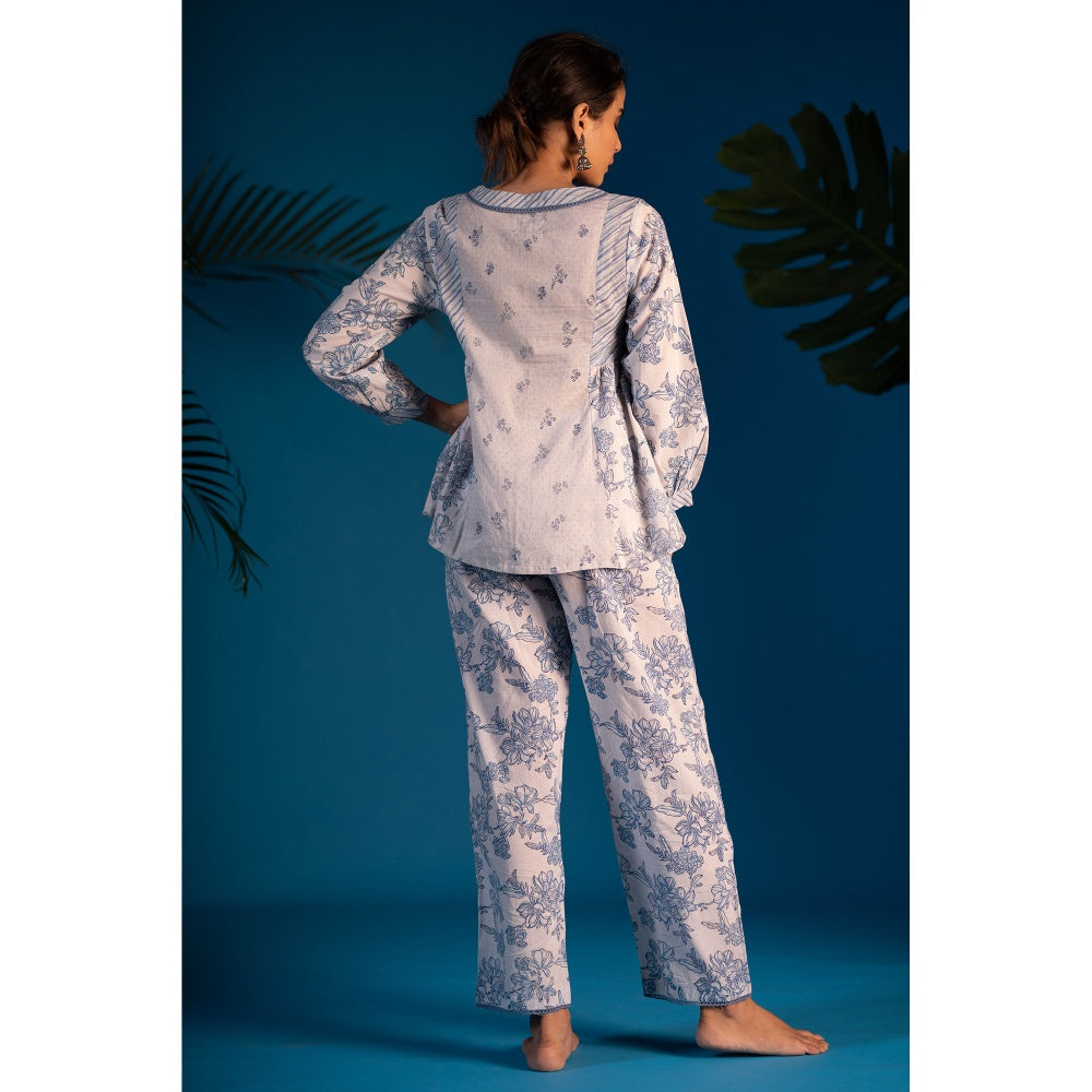 PANTS AND PAJAMAS Blue Nora Block Printed Cotton Top