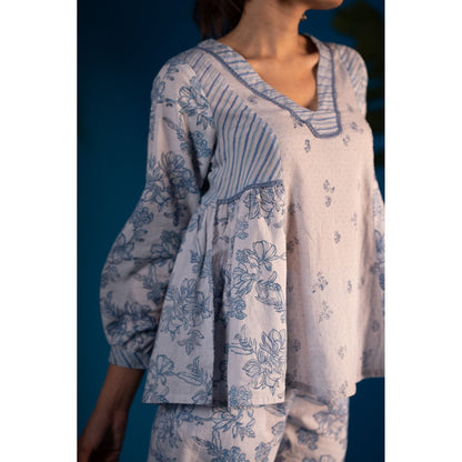 PANTS AND PAJAMAS Blue Nora Block Printed Cotton Top