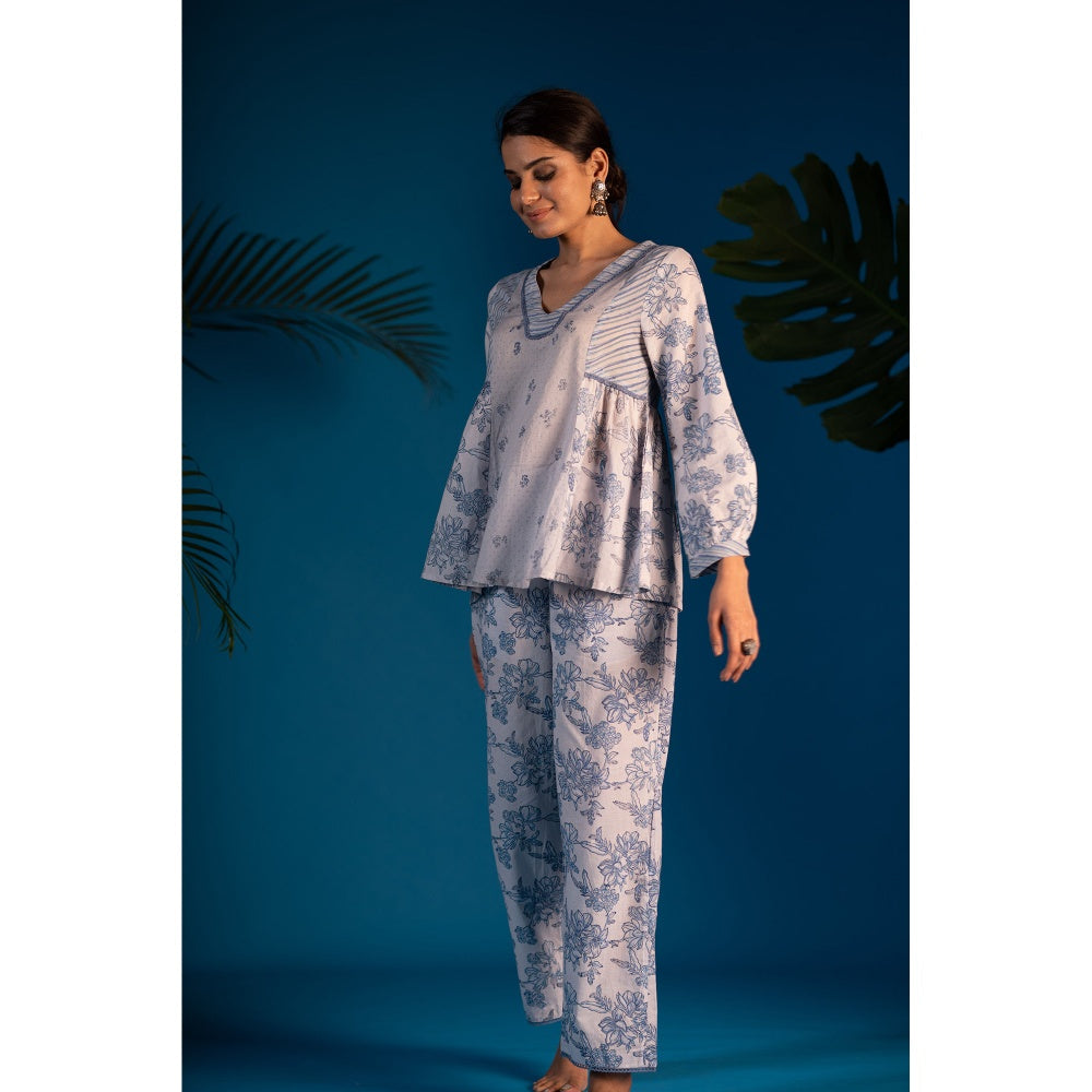PANTS AND PAJAMAS Blue Nora Block Printed Cotton Top