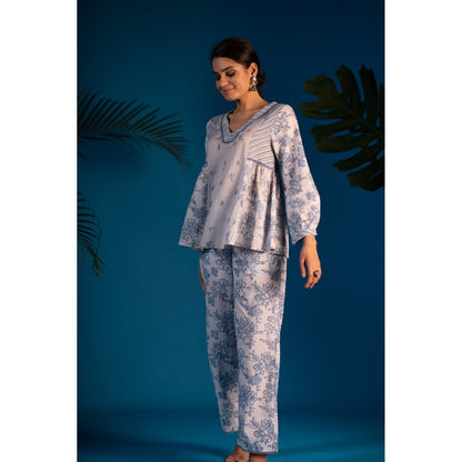 PANTS AND PAJAMAS Blue Nora Block Printed Cotton Top