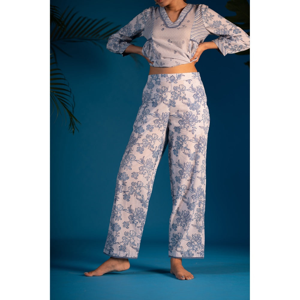 PANTS AND PAJAMAS Blue Nora Block Printed Cotton Top