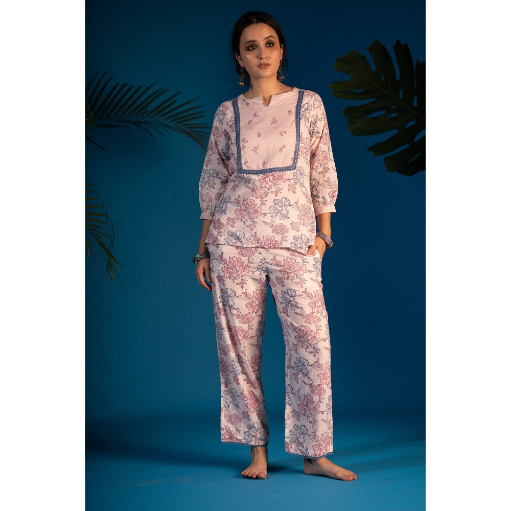 PANTS AND PAJAMAS Pink Jasmin Block Printed Cotton Top