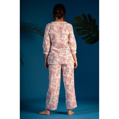 PANTS AND PAJAMAS Pink Jasmin Block Printed Cotton Top
