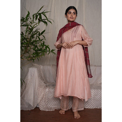 PANTS AND PAJAMAS Blush Pink Chikan Embroidered Kurta (Set of 3)