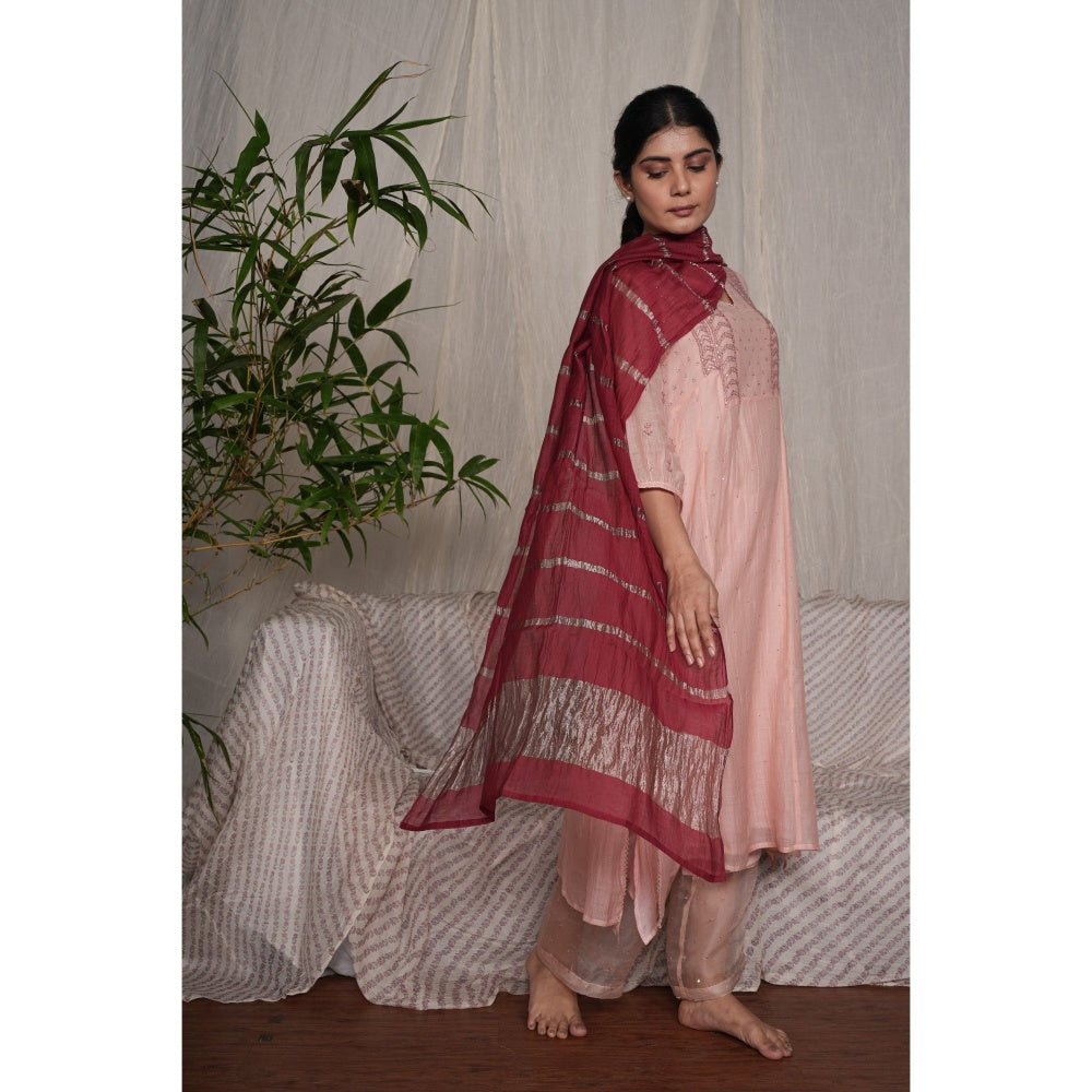 PANTS AND PAJAMAS Blush Pink Chikan Embroidered Kurta (Set of 3)