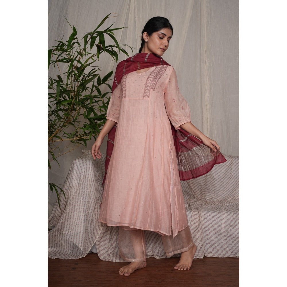 PANTS AND PAJAMAS Blush Pink Chikan Embroidered Kurta (Set of 3)