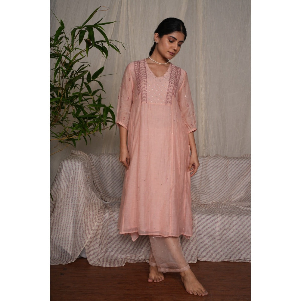 PANTS AND PAJAMAS Blush Pink Chikan Embroidered Kurta (Set of 3)